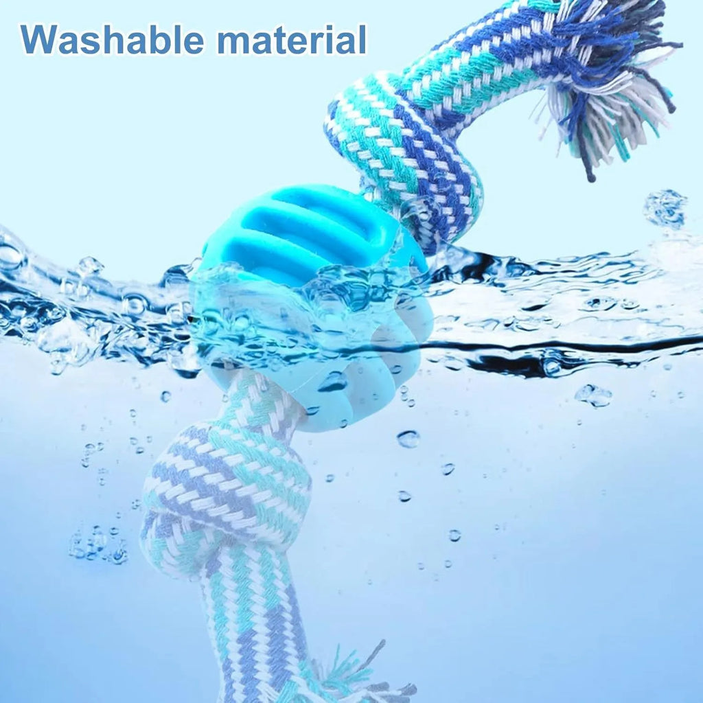 Blue dog chew toy with integrated rope strands for dental cleaning and play.
