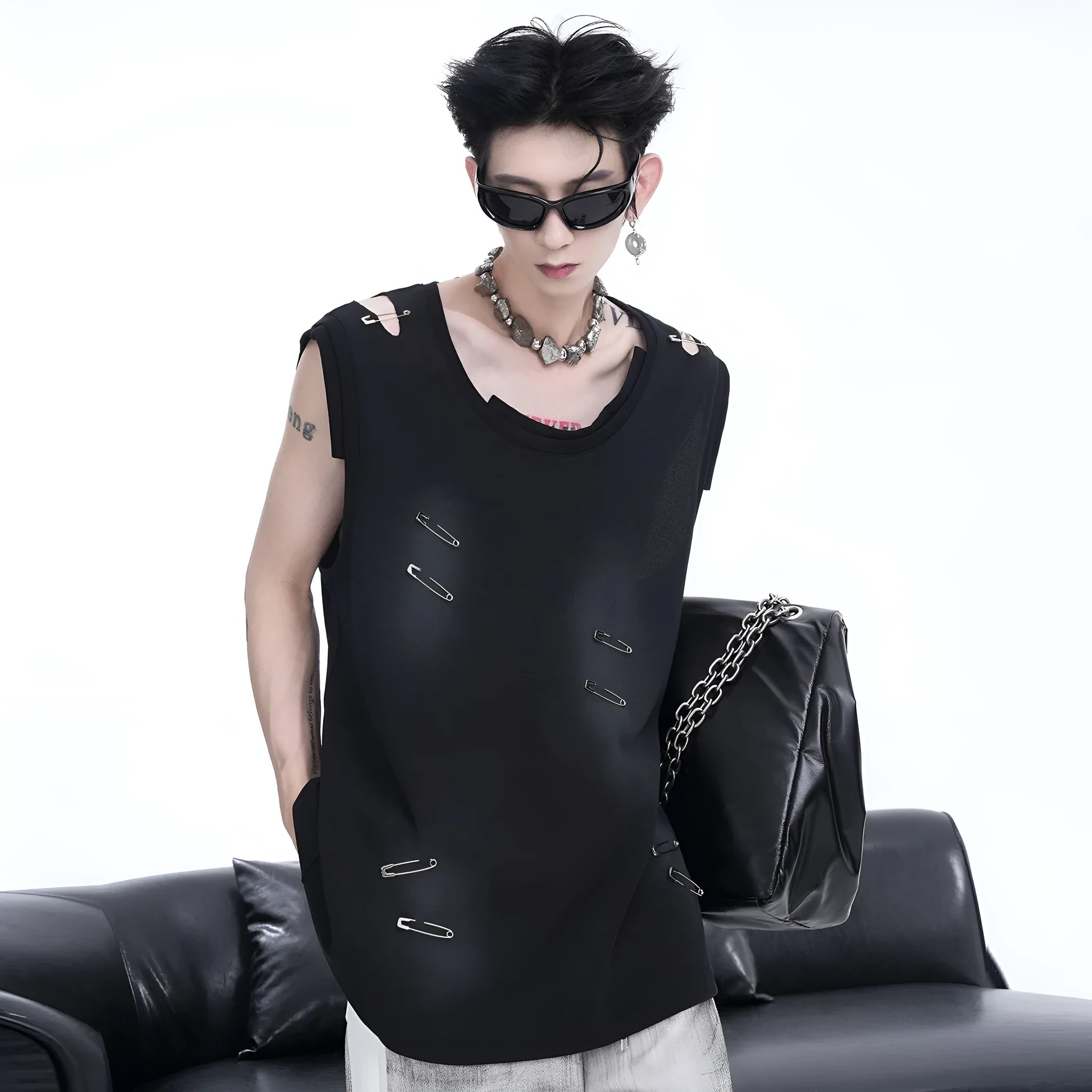 Men's black sleeveless T-shirt with waistcoat styling and irregular cut design