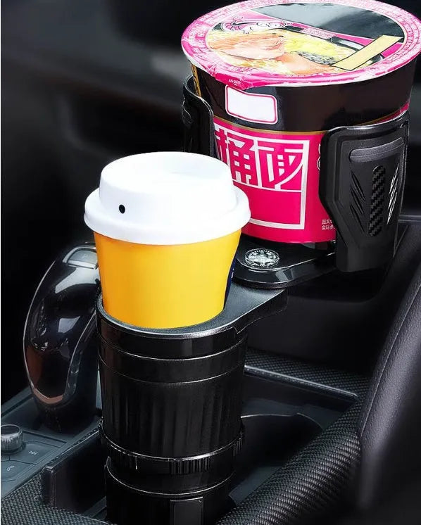One Point Four adjustable car water cup holder in carbon fibre black showing retractable base.