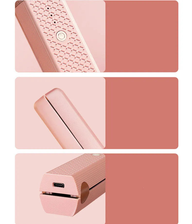 Pink cordless USB hair straightener with ceramic plates on a white background.