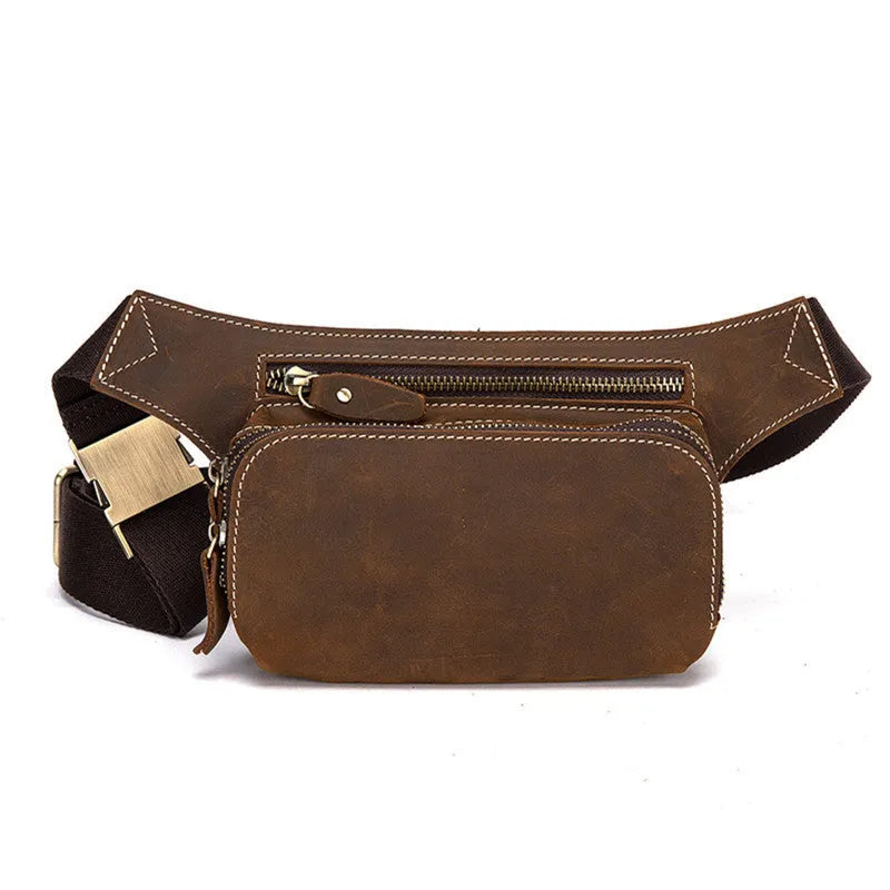 Brown cowhide leather men's waist bag with pull closure, shown with internal mobile phone compartment.