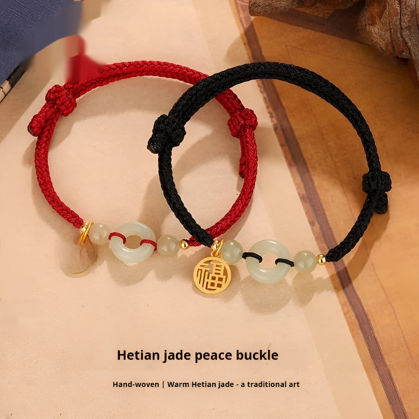 Silver geometric pendant bracelet with Hetian jade peace buckle blessing card design in black or wine red colour