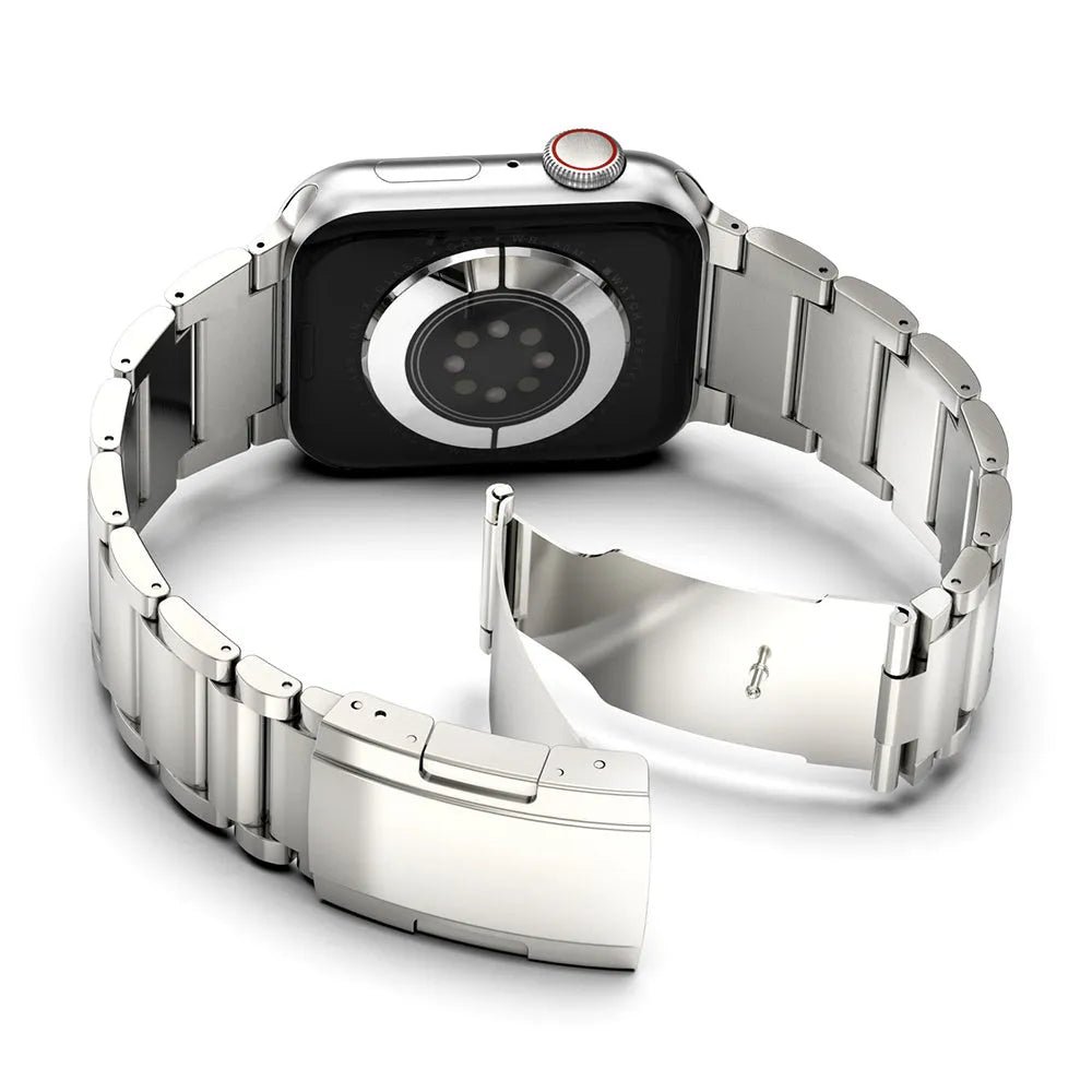 Titanium Apple Watch replacement strap with folding buckle in black and silver options