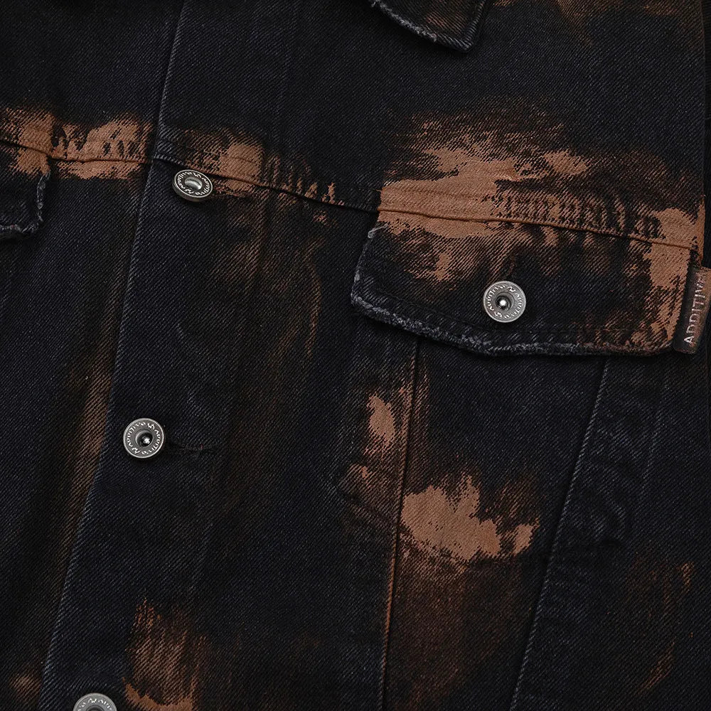 Black cotton denim jacket for men with fashion holes in street style