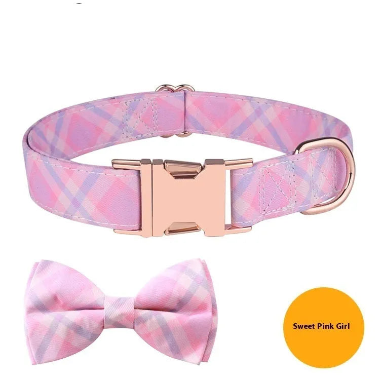 Pet collar with rose gold buckle and removable bow on polyester strap