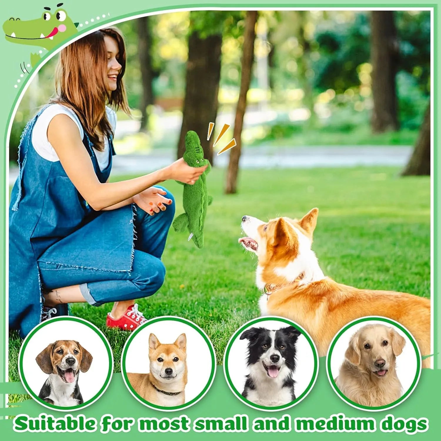 Green crocodile plush dog toy with no stuffing, showing squeaker in head and crinkle paper tail