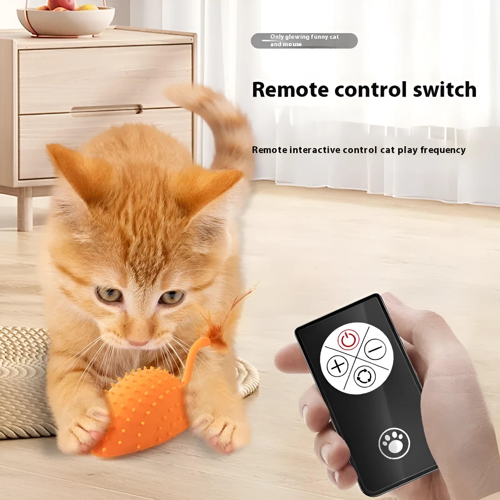 Remote control and USB rechargeable silicone mouse-shaped cat toy with attached feathers, in cyan colour.