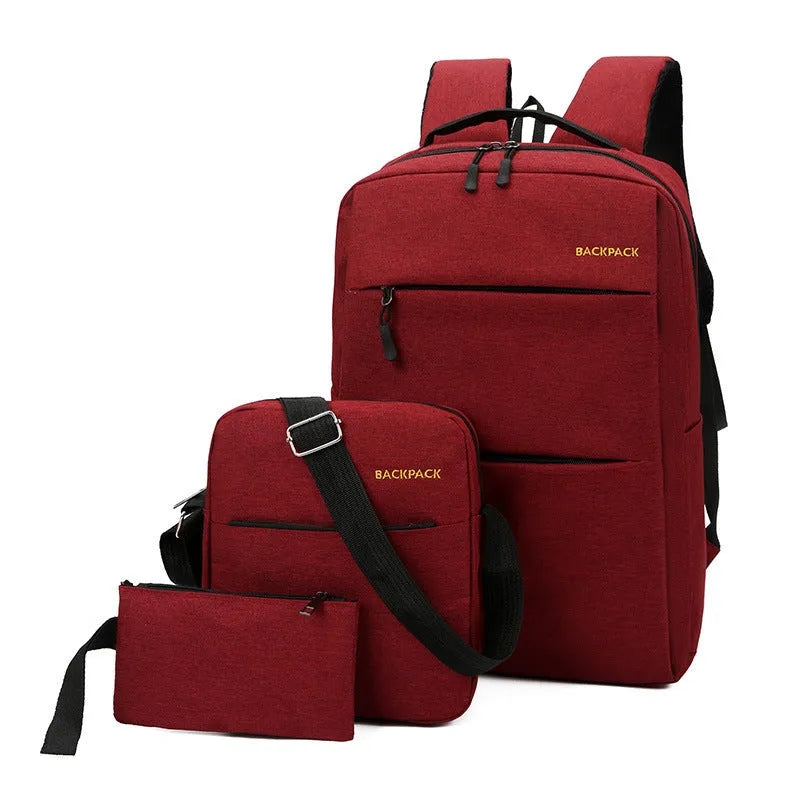 Men's USB charging casual computer bag three-piece set in nylon shown in wine red colour