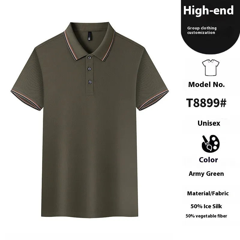Solid colour ice silk polo shirt on a hanger, showing the collar and placket detail.