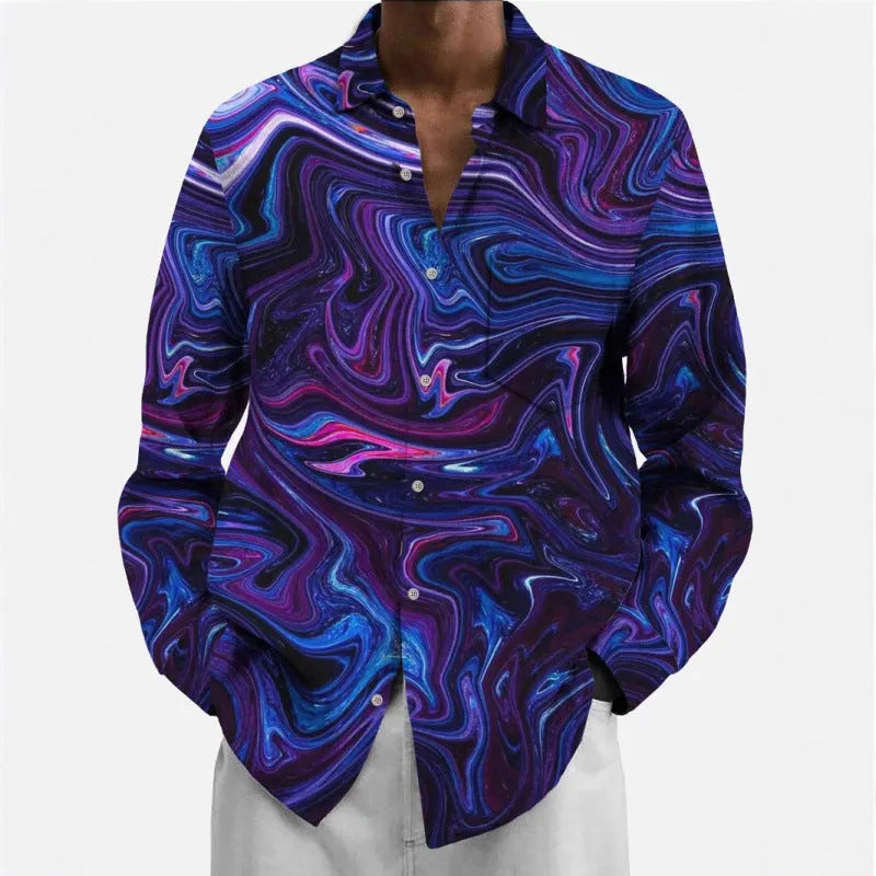 Men's long sleeve cardigan shirt with a multi-colour pattern, shown in a casual setting.