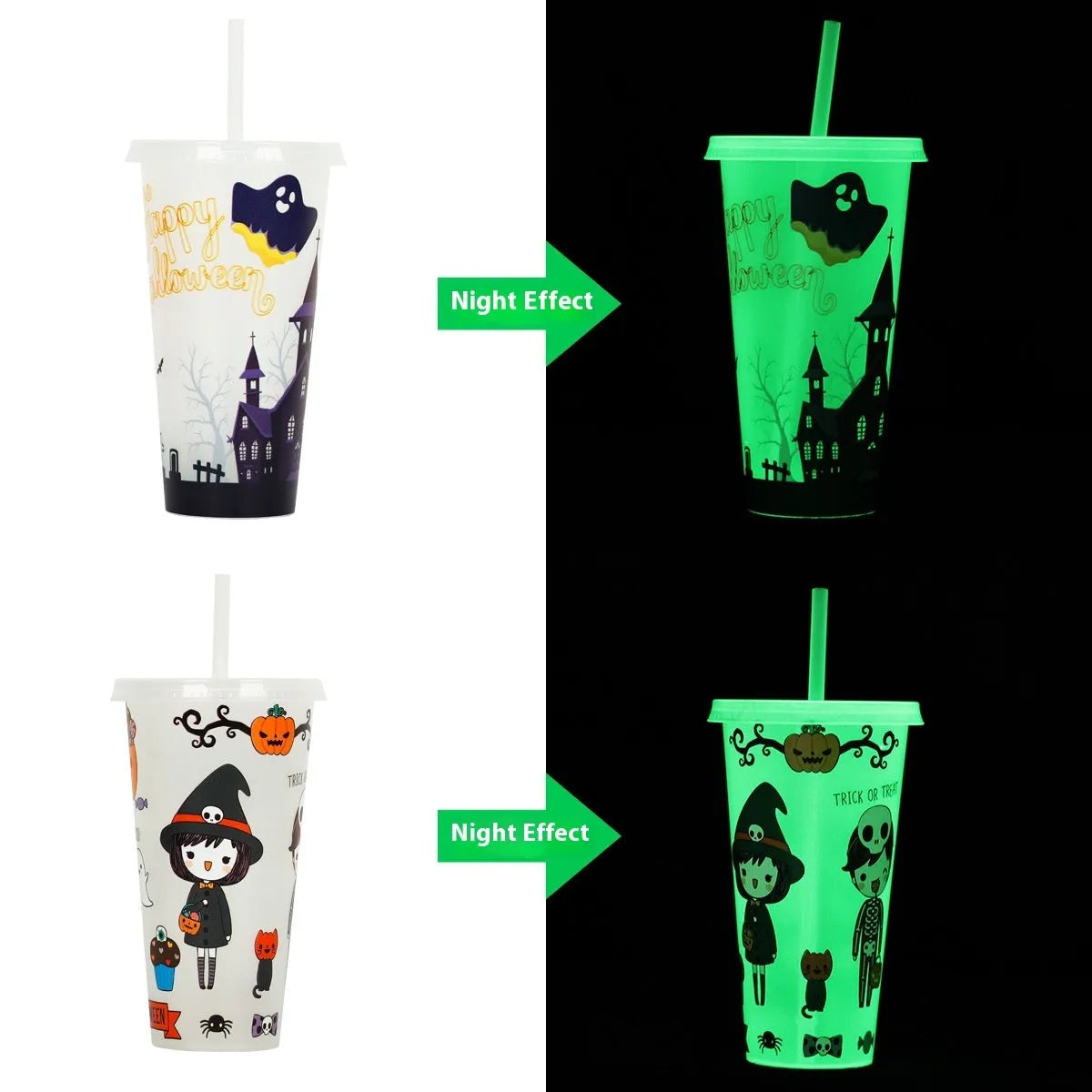 Halloween luminous plastic straw cup with 720ml capacity in cylindrical design
