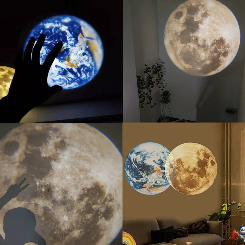 LED projection lamp showing Earth and Moon celestial effects with adjustable 360 degree bracket