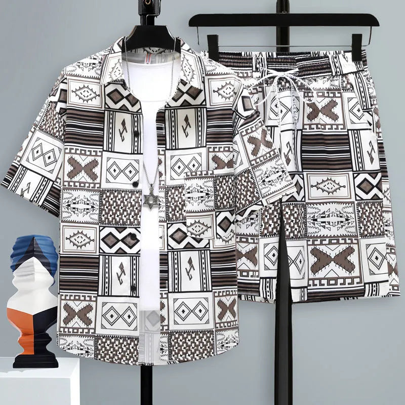 Men's casual sports two-piece set showing short sleeve top and matching shorts