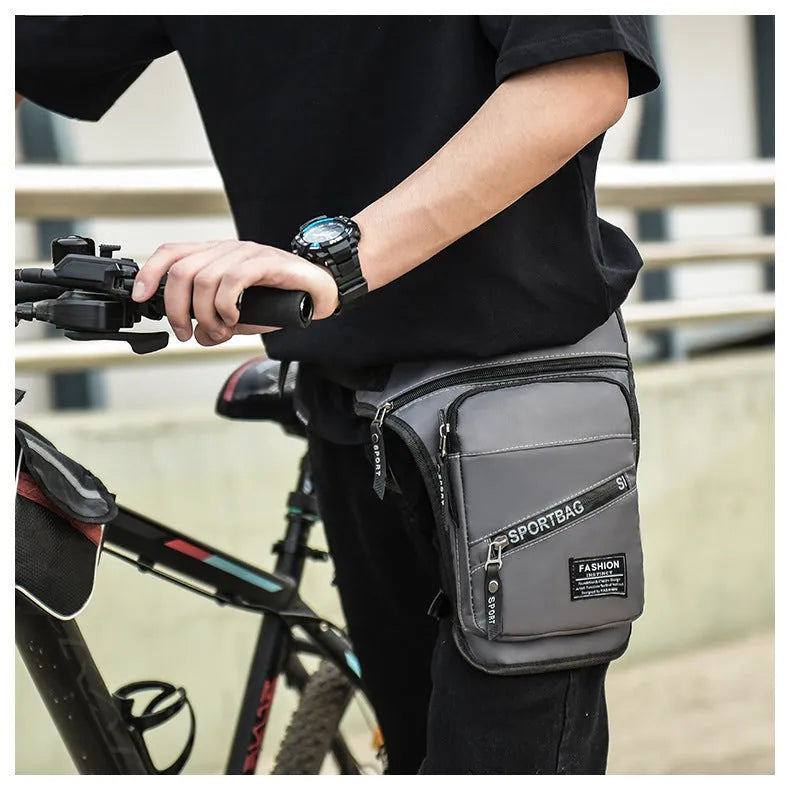 Men's nylon crossbody cycling leg bag in black colour showing waterproof anti-theft features