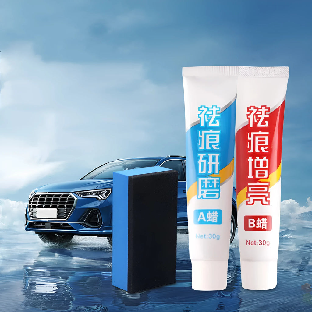 Car repair wax kit with A wax, B wax, and a frosted sponge mop for scratch removal and polishing.