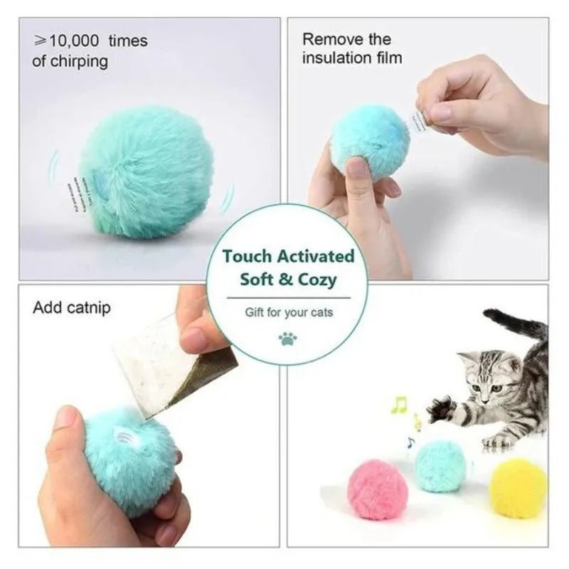 Blue, pink and yellow interactive cat toy balls that make animal sounds