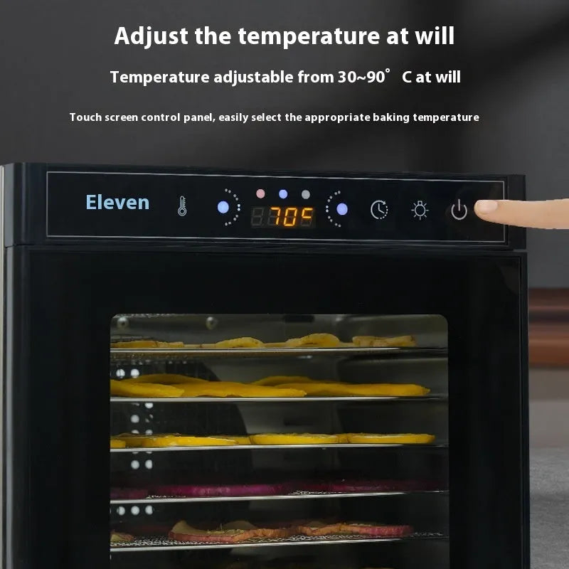 Stainless steel fruit dehydrator machine with multiple mesh trays and an LED control panel.