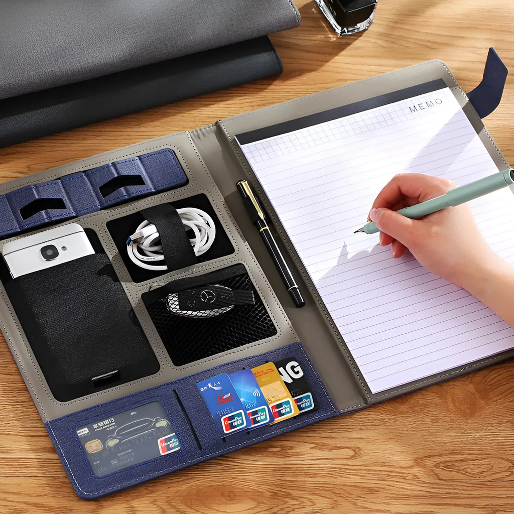Leather A4 business folder with notepad and pen accessories in black, grey or blue