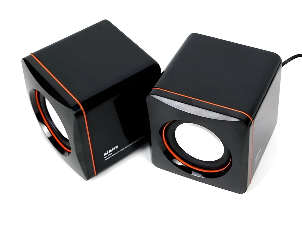 Small square black USB computer speaker with compact desktop design for PC audio
