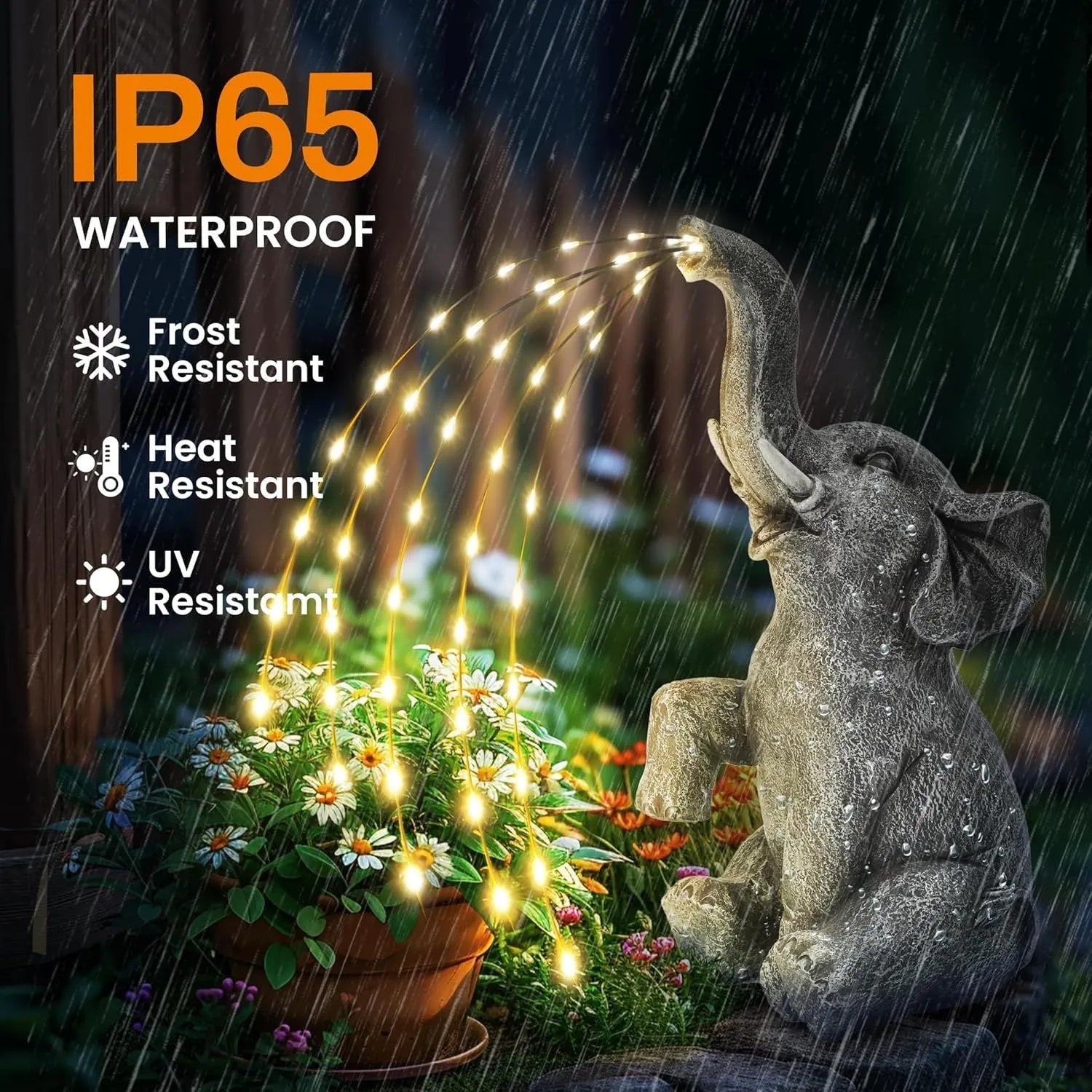 Resin elephant outdoor garden statue with LED lighting and IP65 weather protection rating