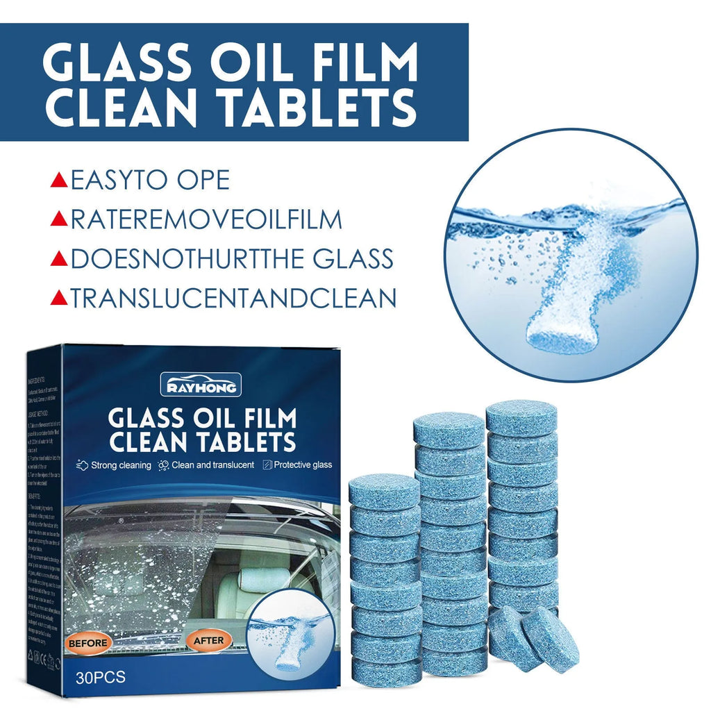 Box of 30 car oil-removing film cleaning effervescent tablets for automotive glass