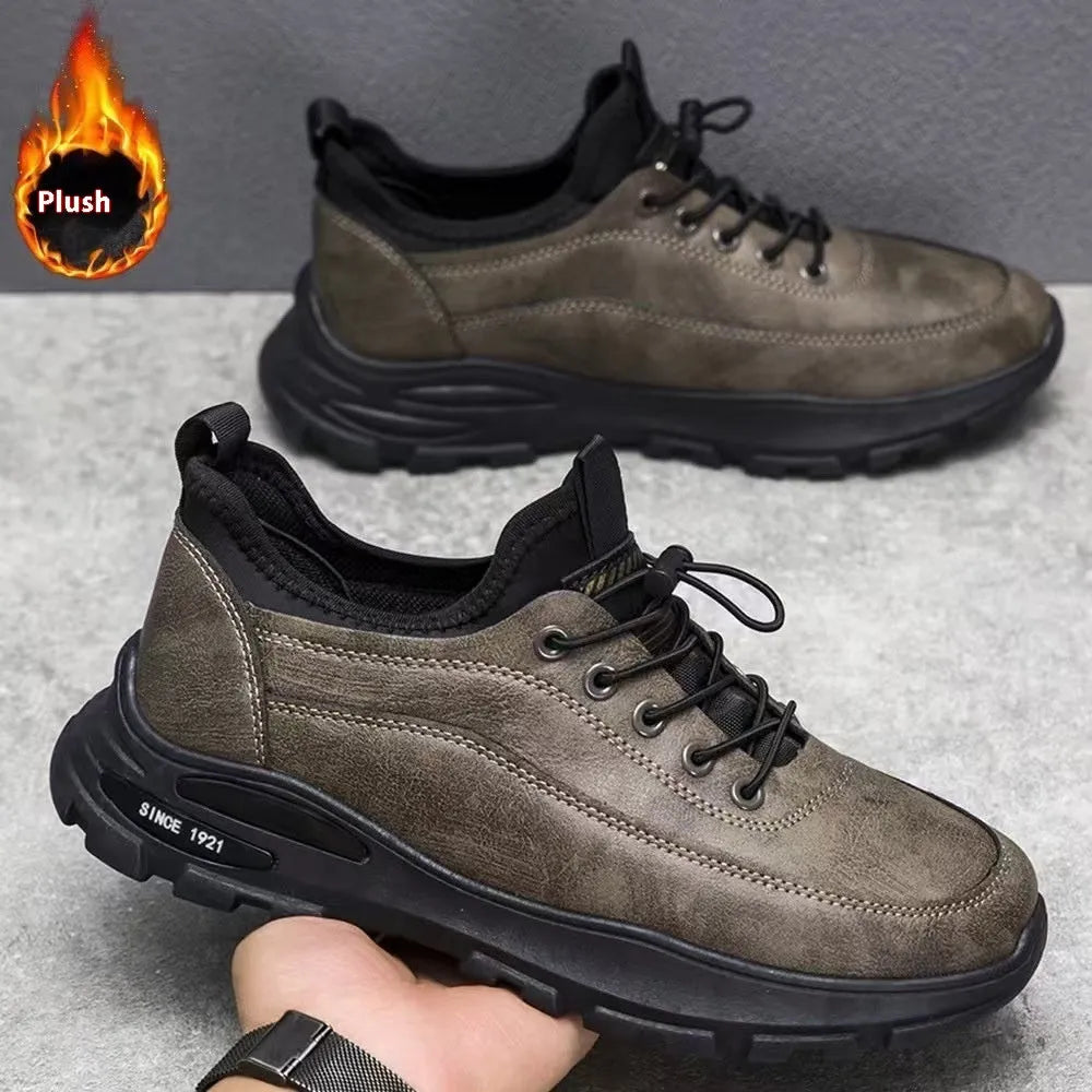 Men's black fleece lined waterproof sneakers with synthetic leather upper and flat rubber sole