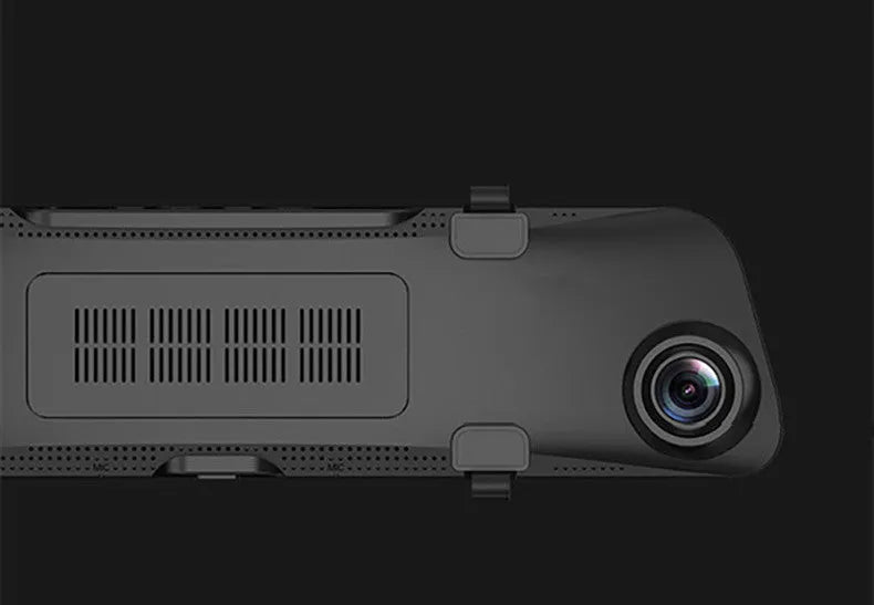 12-inch rearview mirror dash cam and tachograph with dual cameras mounted in a car.