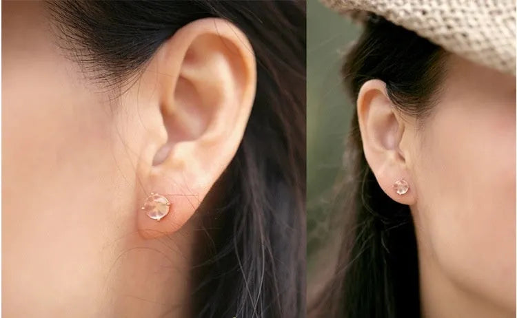 Women's Korean style rose gold quartz stud earrings with synthetic crystal inlay in drop shape