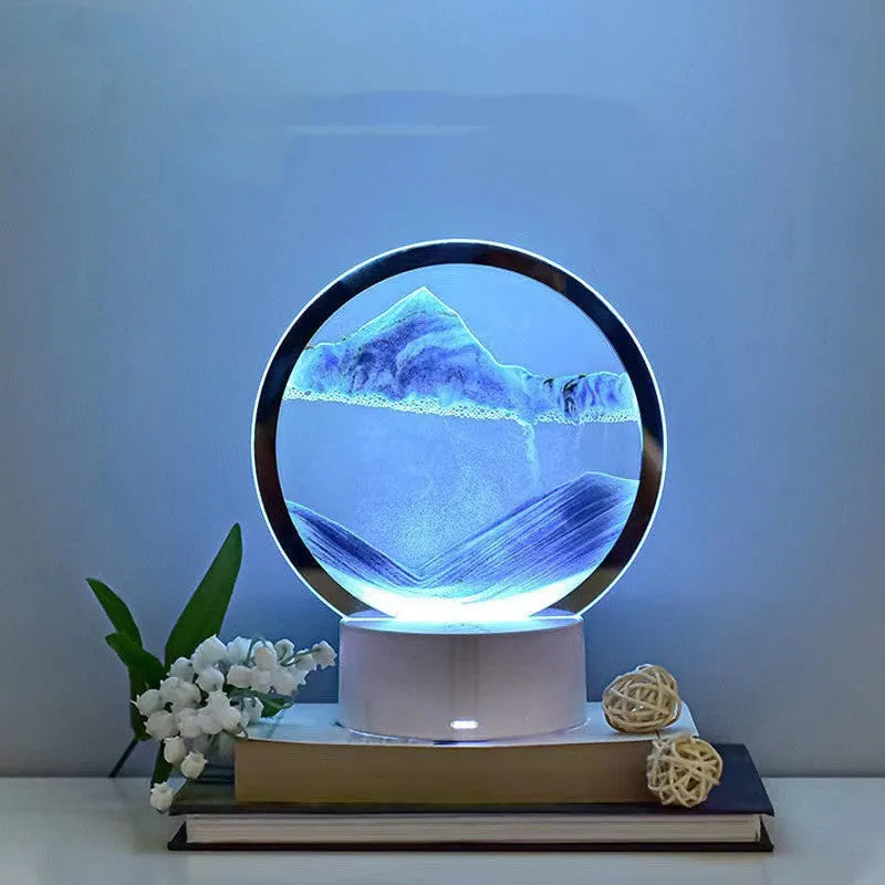 Creative 3D quicksand touch table lamp with USB cable and glass shade in blue light mode