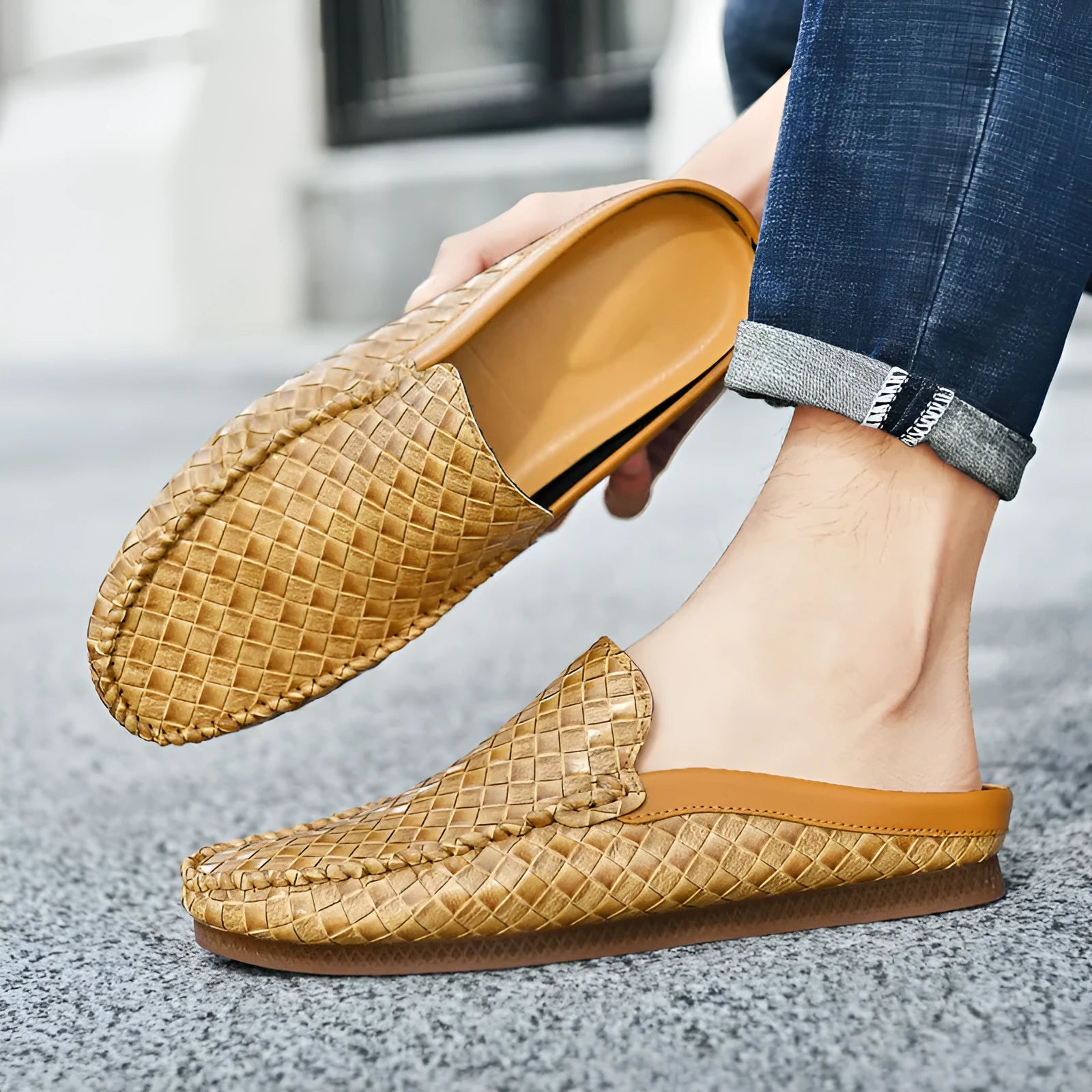 All-matching men's summer plus size slip-on pumps in black, artificial PU upper with plaid pattern, rubber sole, flat heel