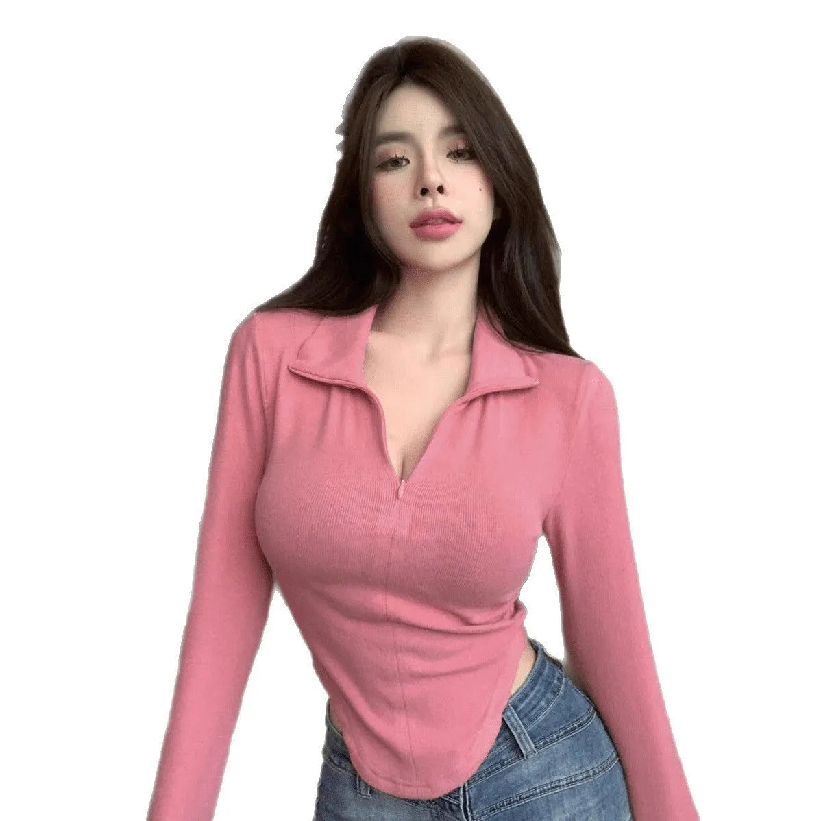 Women's slim fit stand collar long-sleeved t-shirt in peach colour, polyester knit, front view