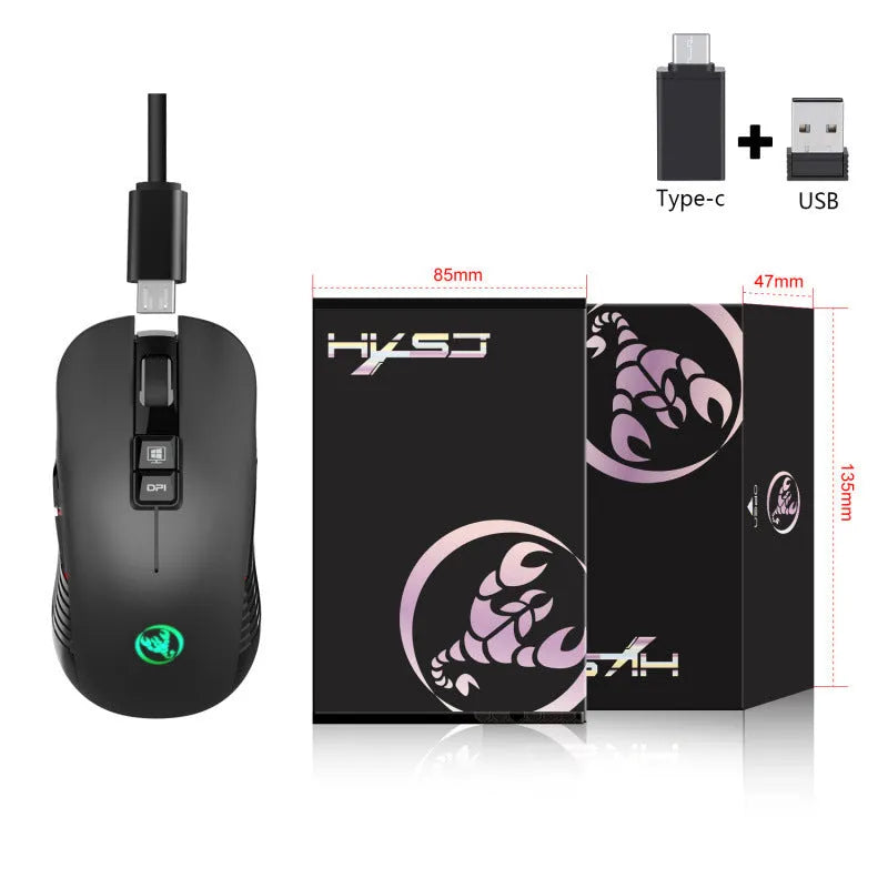Black wireless gaming mouse with RGB lighting and ergonomic shape on desktop