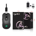 Black wireless gaming mouse with RGB lighting and ergonomic shape on desktop