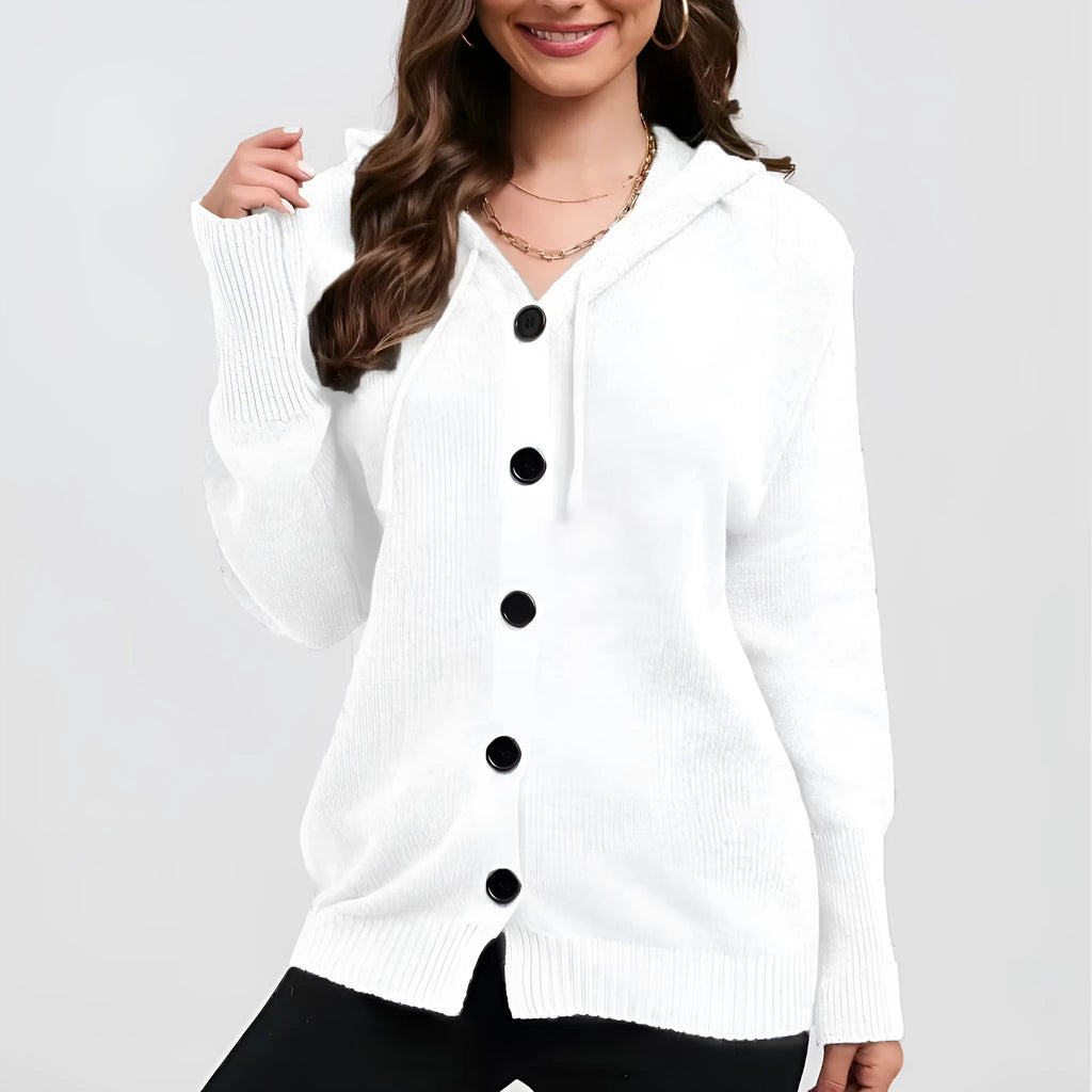 Women's thick cotton hooded cardigan sweater in a solid colour, shown with a loose fit and long sleeves.
