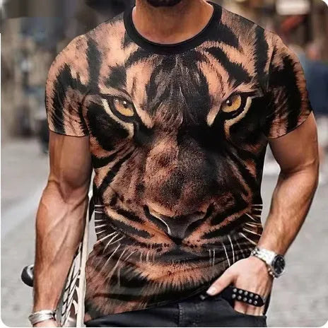 Men's 3D printed lion graphic T-shirt in polyester fabric showing fierce animal design