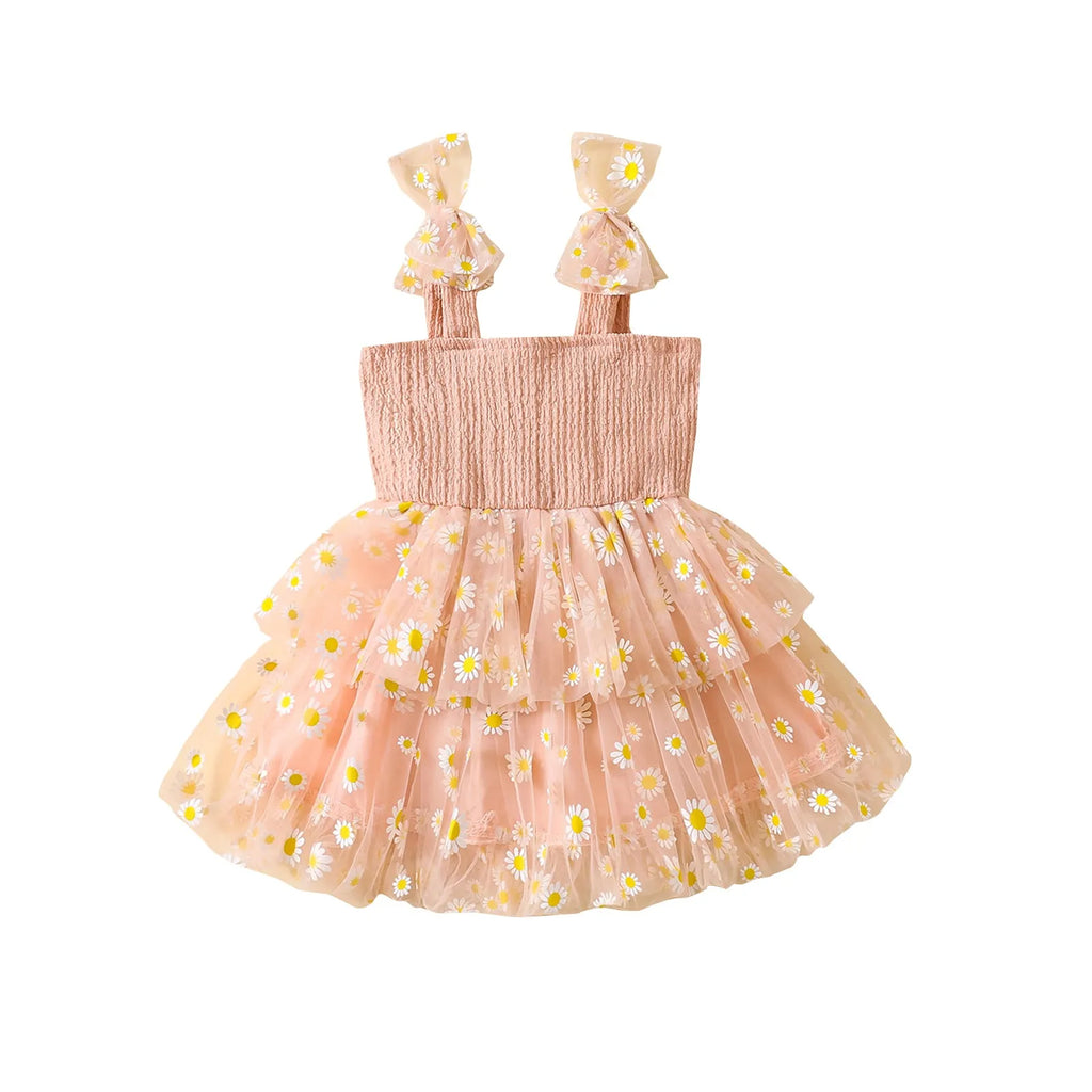 Flower mesh girls' princess dress with cotton lining and suspenders, available in multiple colours and sizes for summer