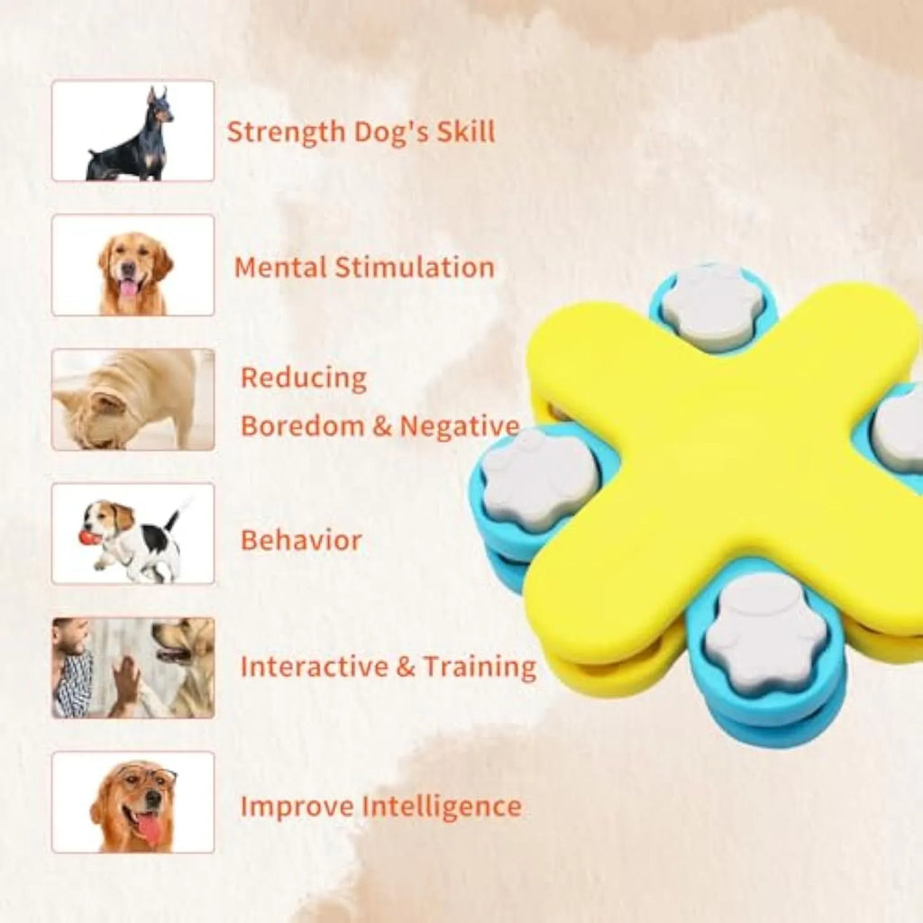 Yellow three-layer rotating dog puzzle feeder with anti-slip base for interactive feeding