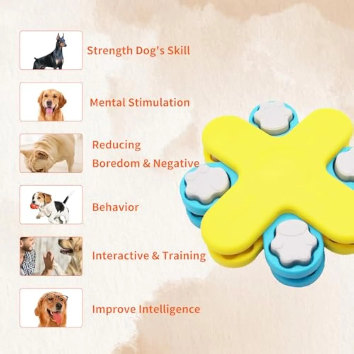 Yellow three-layer rotating dog puzzle feeder with anti-slip base for interactive feeding