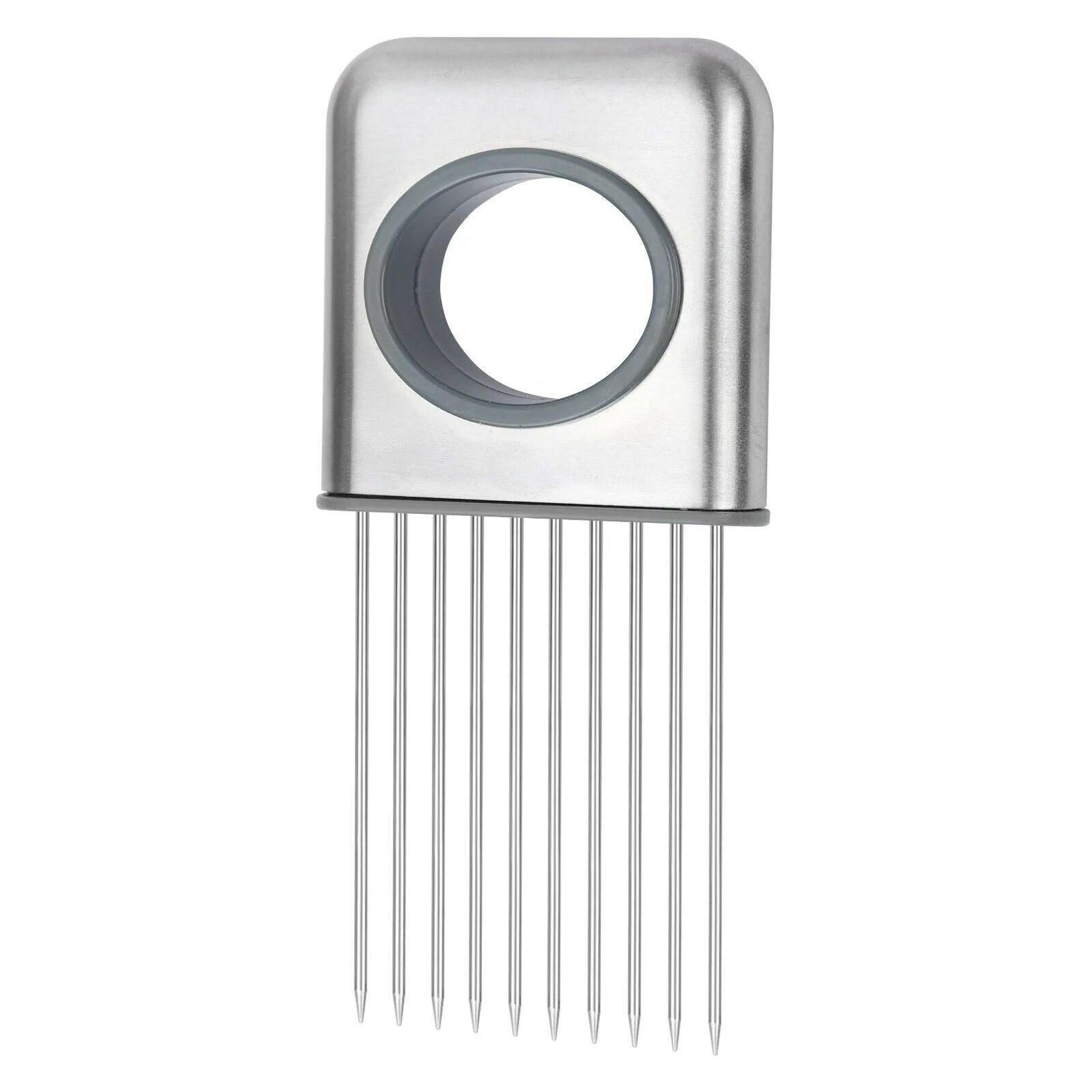 Stainless steel onion holder slicer with prongs and finger guard on a chopping board