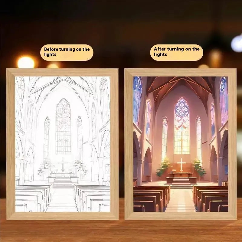 Modern rectangle light painting photo frame with illuminated religious nature artwork on man-made board
