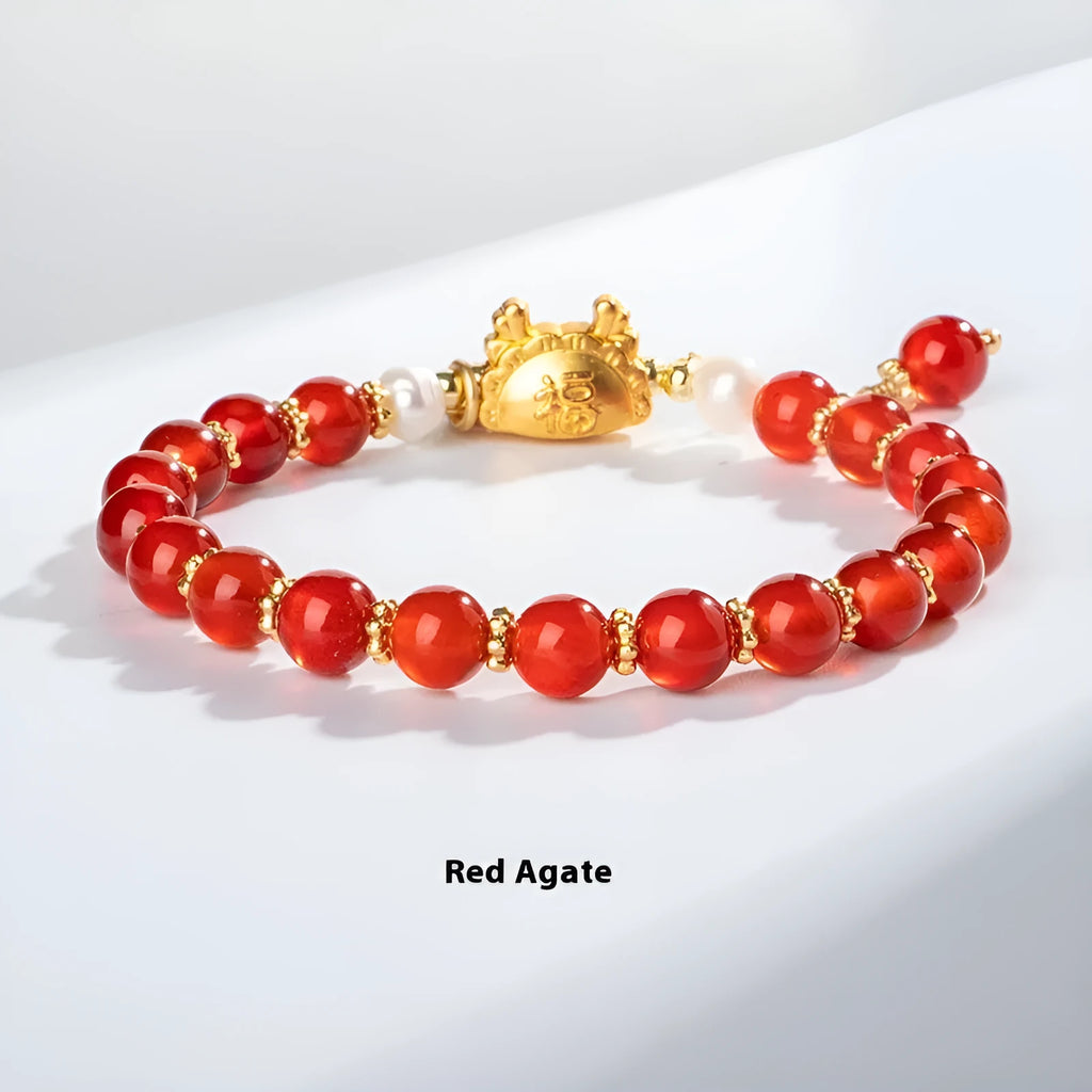 Handmade dragon zodiac bracelet with 8mm diamond-cut agate or crystal beads in one of five colour options.