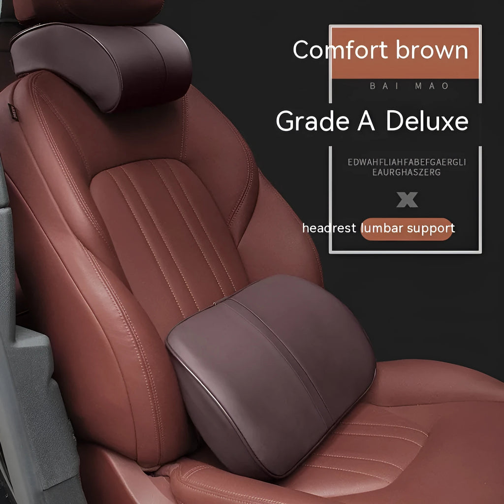 A solid-colour memory foam car cushion, shown as both a headrest pillow and a lumbar support, in a neutral brown shade.