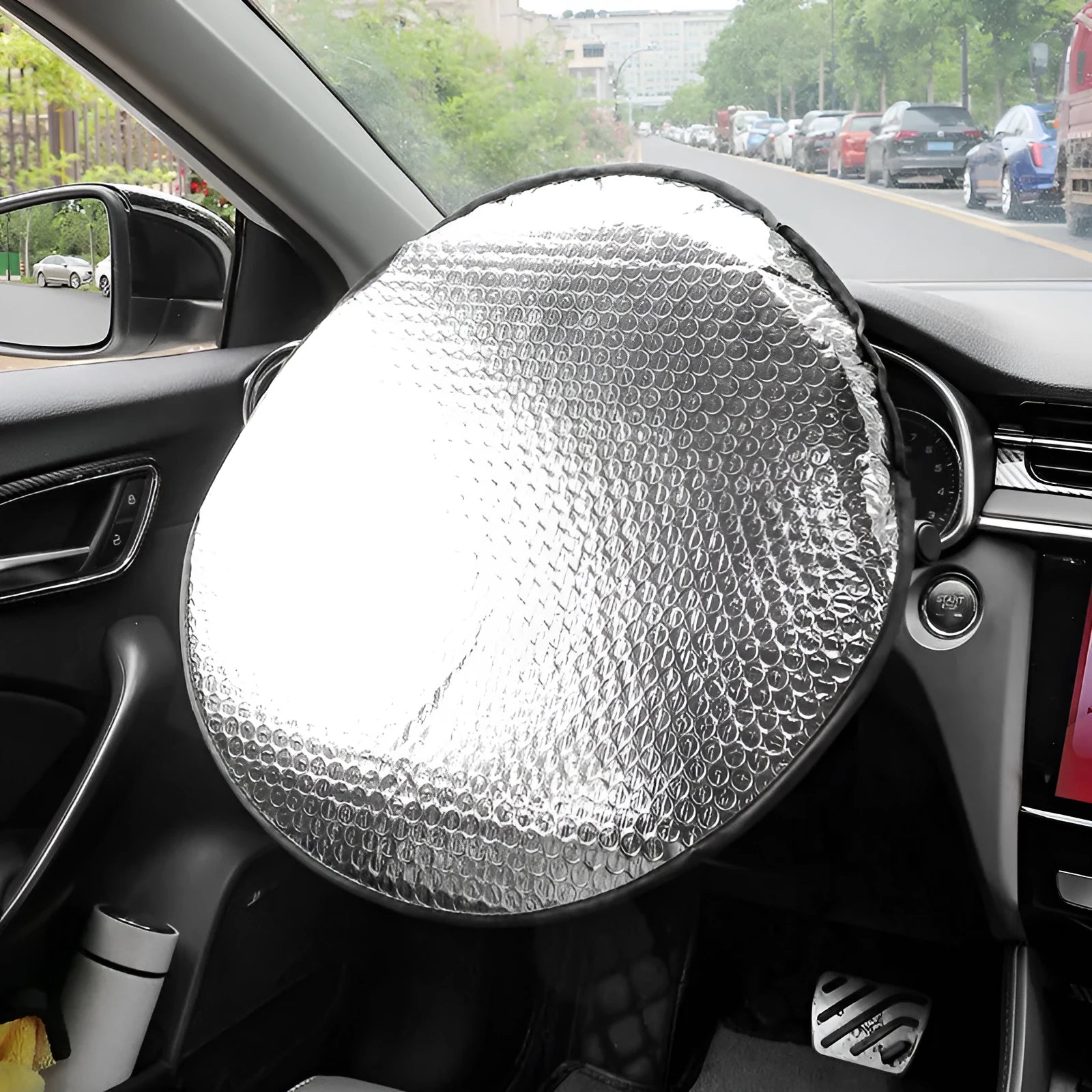 Car steering wheel sunshade cover in aluminium foil with brand LOGO pattern for universal fit heat protection