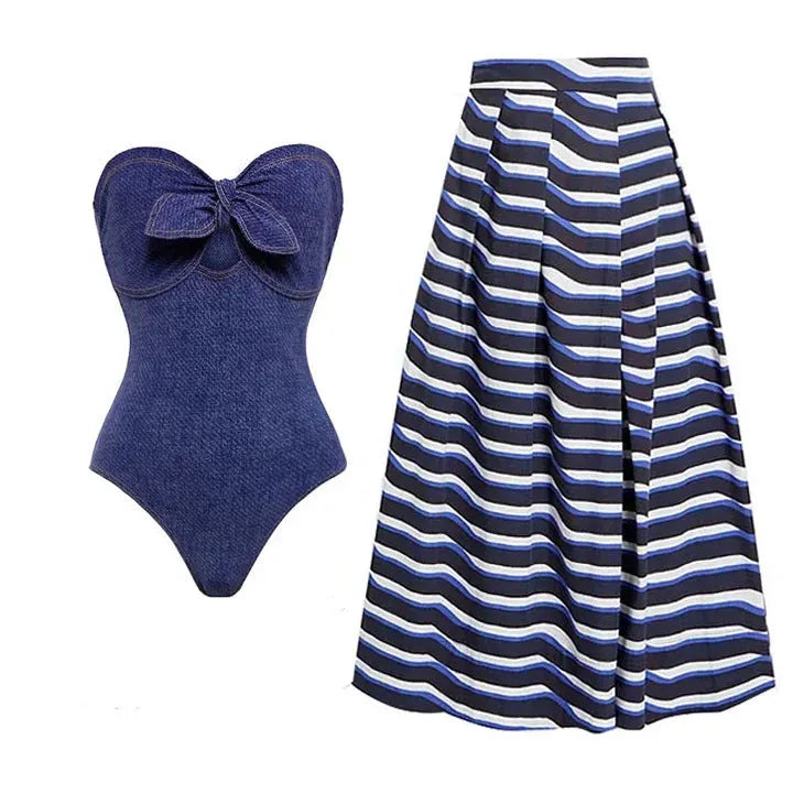 Women's vintage denim one-piece swimsuit with matching skirt beach outfit