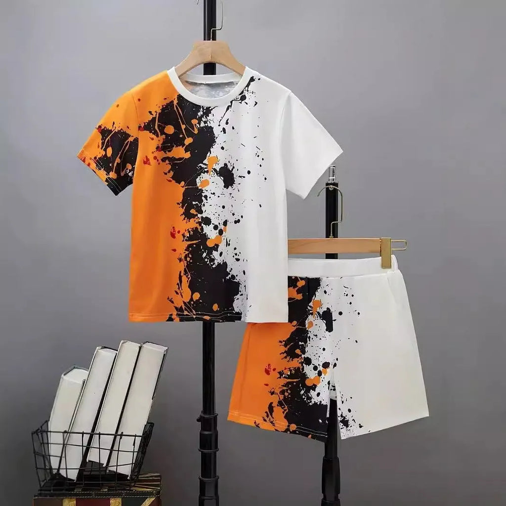 Boys casual summer cotton blend short sleeve T-shirt and shorts two-piece set with cartoon pattern