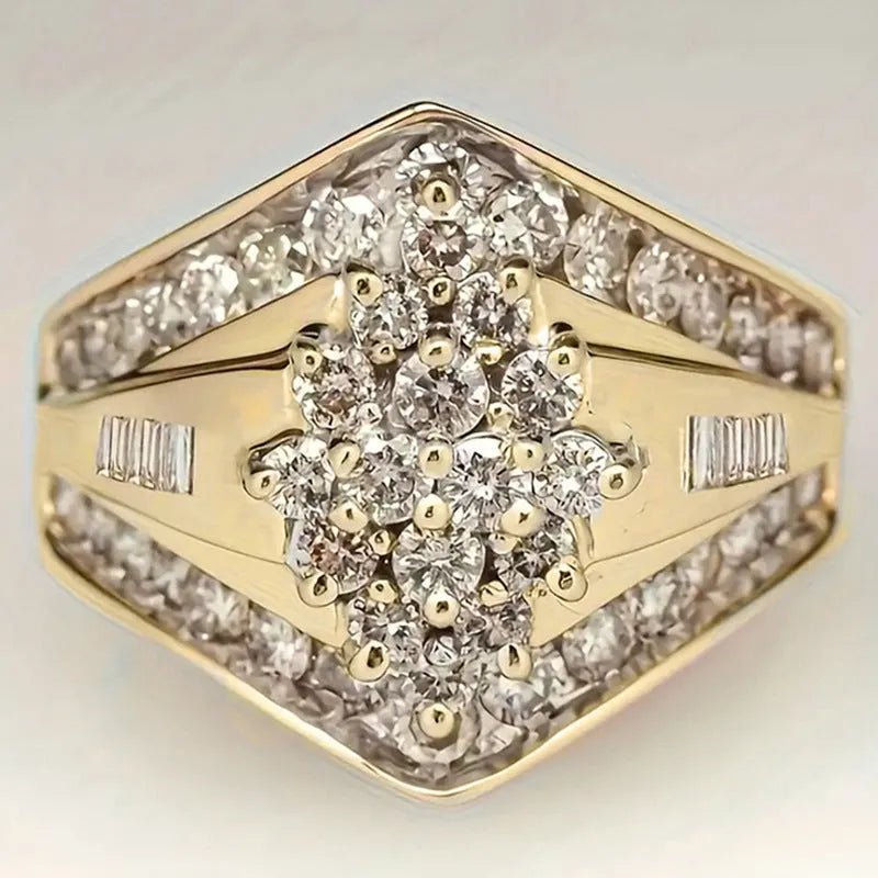 Gold-coloured copper electroplated ring with heavy industry and palace style geometric band design