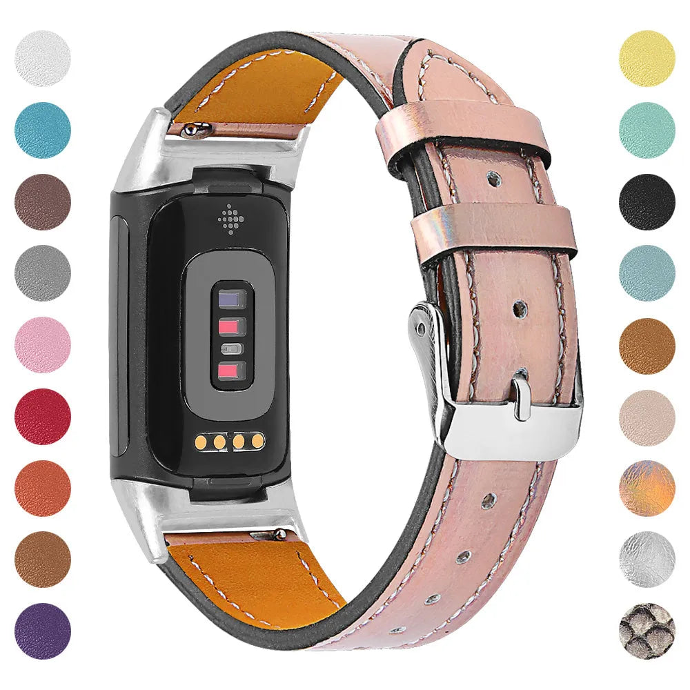 Genuine cowhide leather replacement strap for Fitbit Charge 5 and Charge 6 smartwatches in multiple colour options.