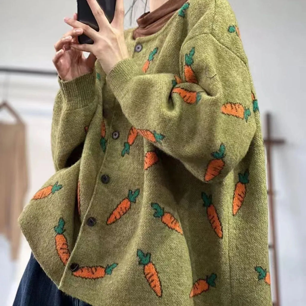 Mori artistic printing colour contrast loose cardigan sweater with round neckline