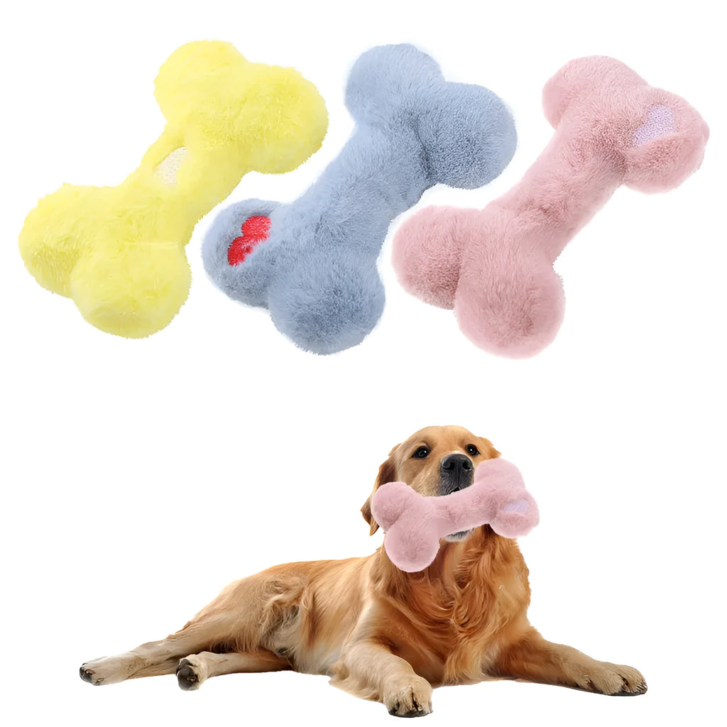 Blue squeaky plush love bone dog toy on a white background