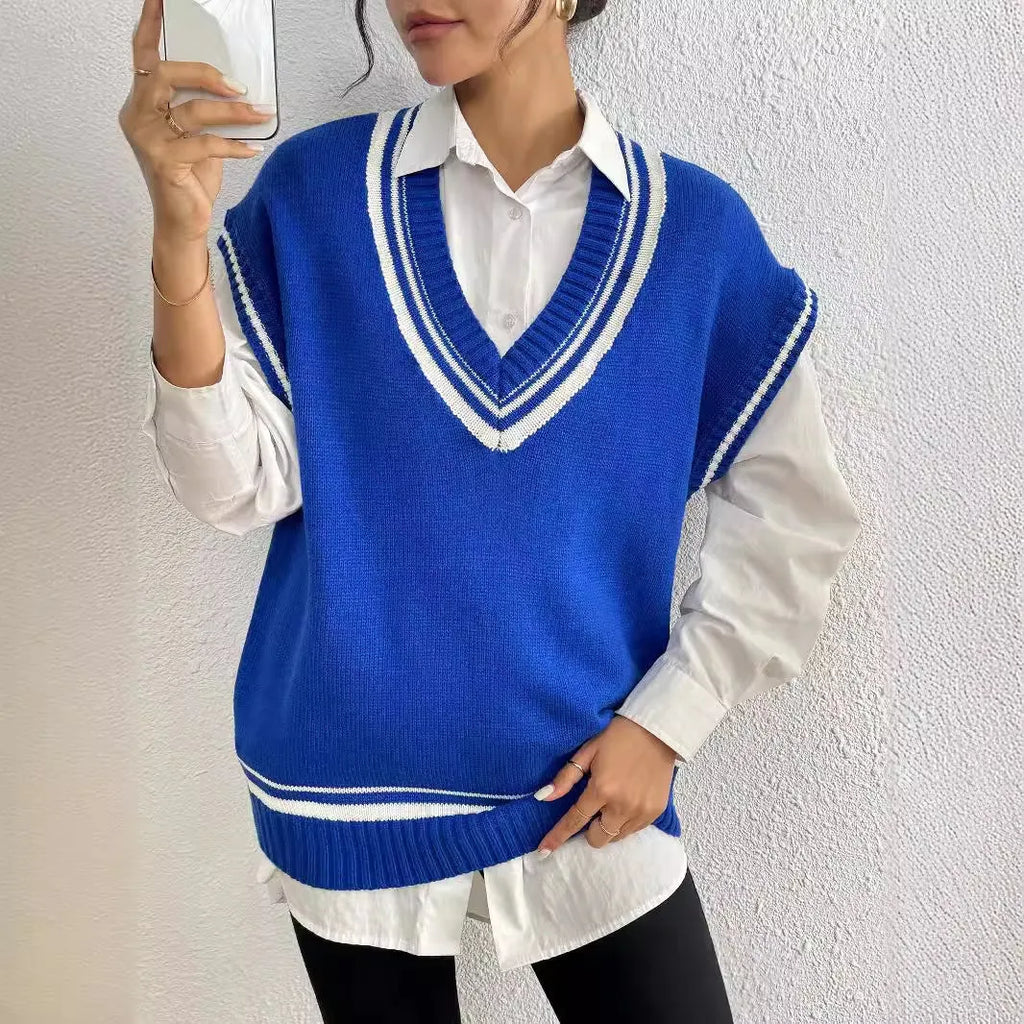 Women's loose fit wool blend vest sweater in college style with pullover design